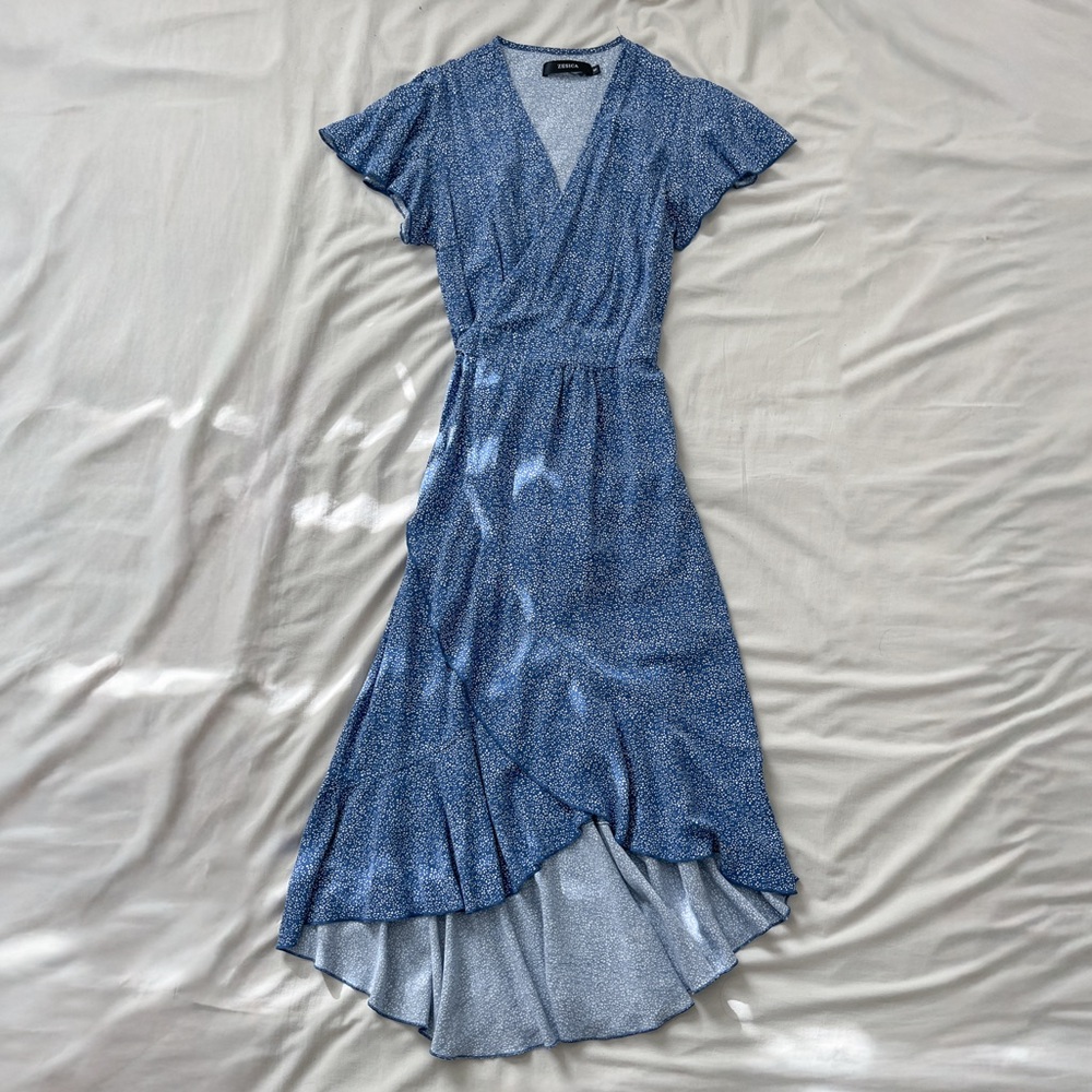 Blue and White Floral Wrap Dress